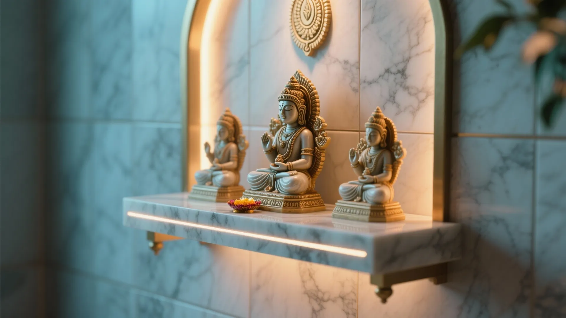 Three small golden statues sitting on a white marble wall shelf with hidden light strip