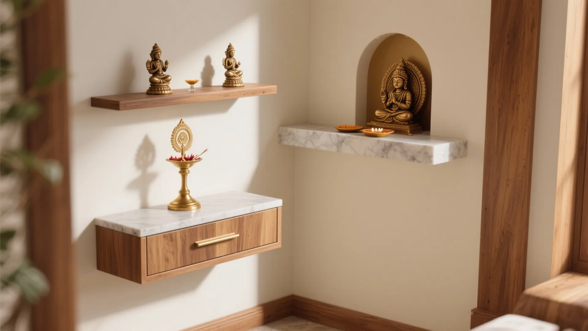 Wall-mounted pooja shelf with slim drawer and brass upstand in soft warm light
