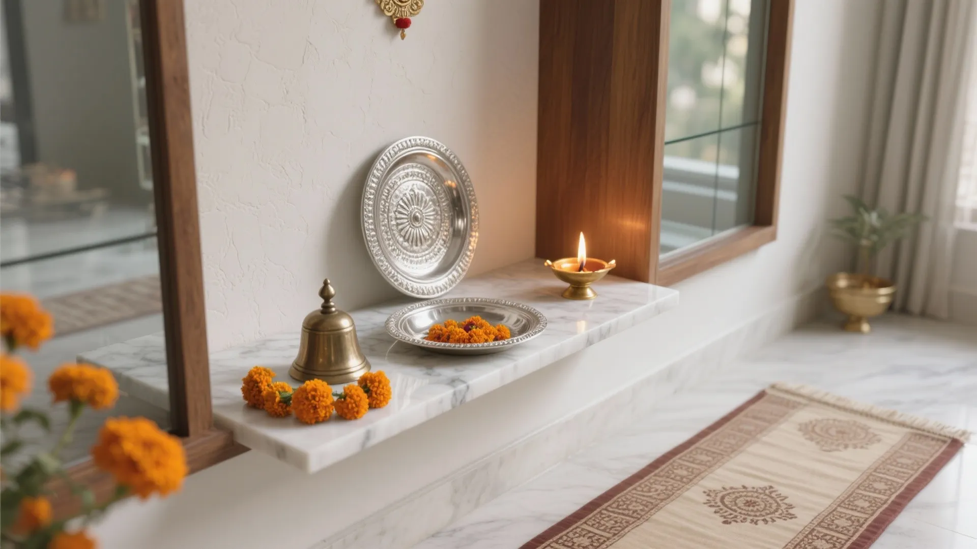 Marble shelf with silver plates brass bell oil lamp orange flowers and a patterned rug