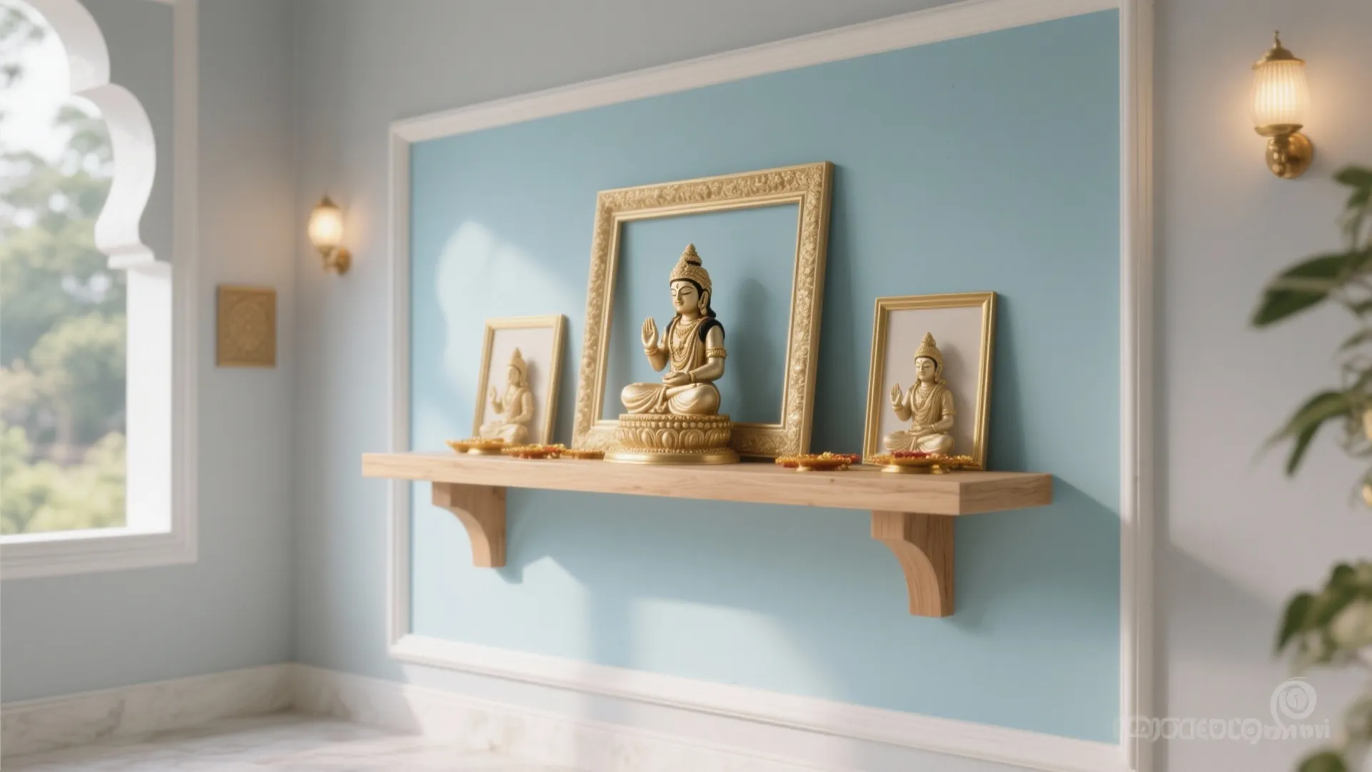 Small gold statues displayed on a wooden wall shelf against a light blue colored wall