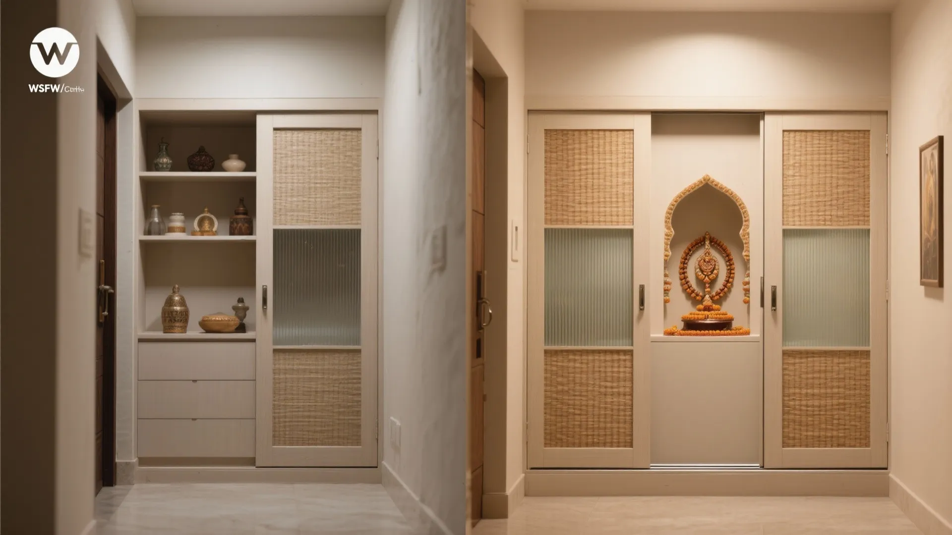 Before and after comparison of a storage cabinet converted into a small home prayer room space