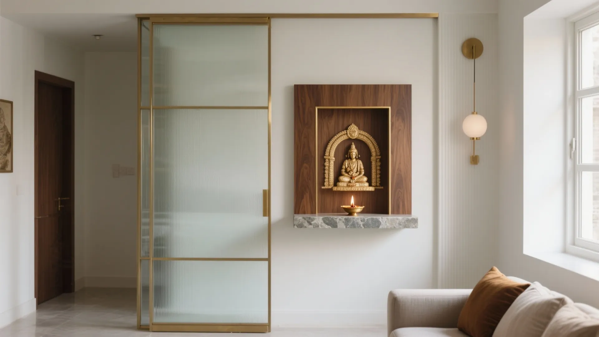 Modern living room with glass sliding door and a golden statue in wooden wall niche