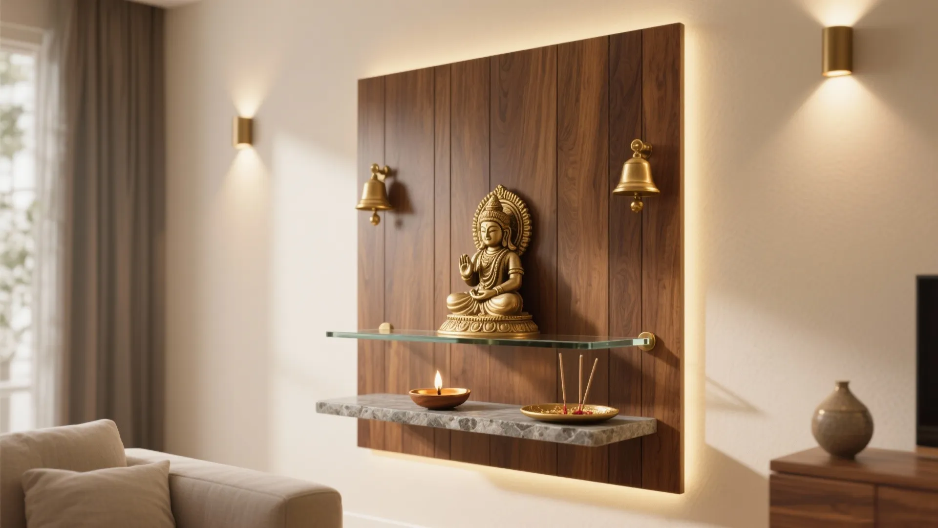 Wall mounted wood panel with gold statue glass shelf hanging bells and warm wall lights