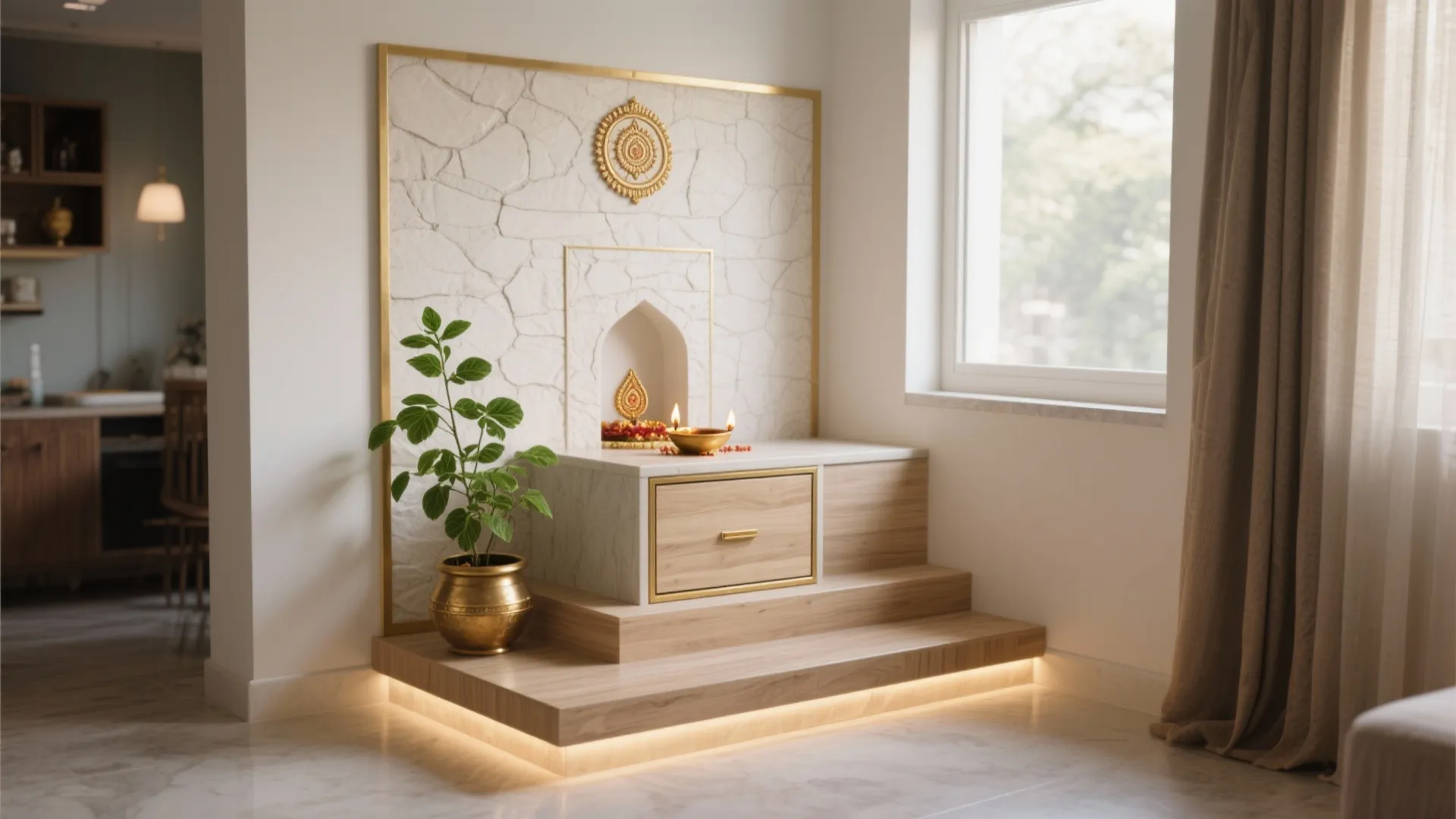 Small indoor altar with stone wall wooden platform green plant gold pot and natural window light