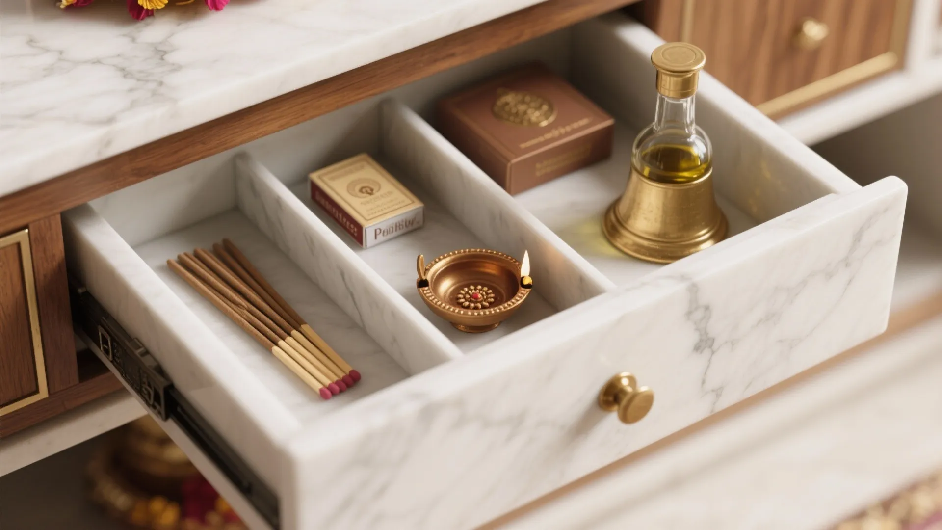 Minimal pooja storage with hidden drawers