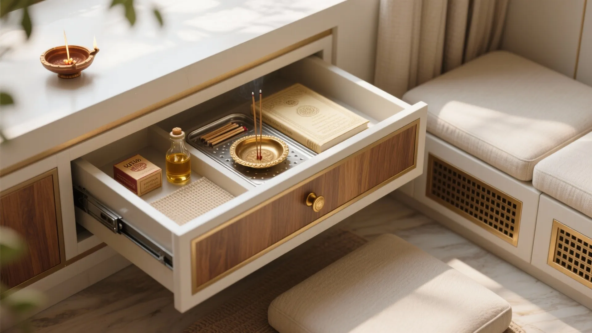 4) Hidden Storage, Fragrance, and Seating: Function Meets Ritual