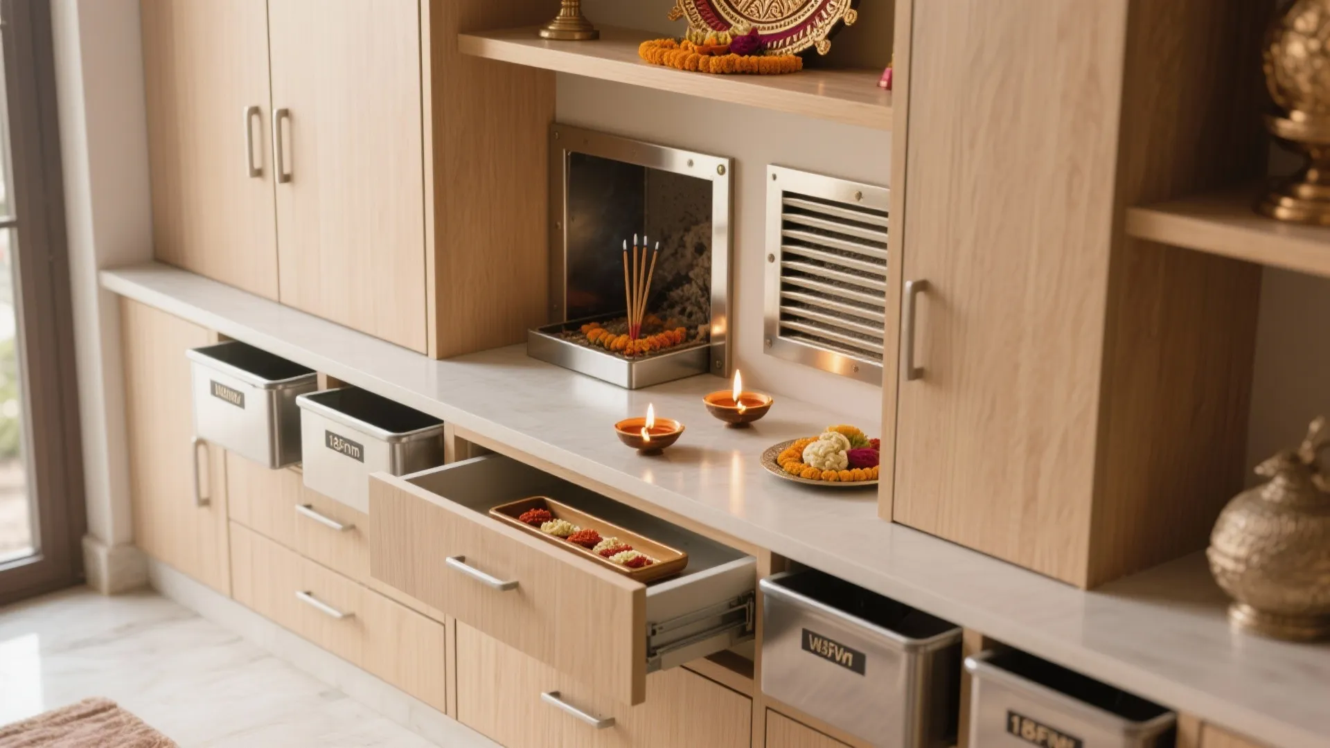 Pooja area with shallow drawers, pull-out tray, and a metal-lined niche for incense ash.
