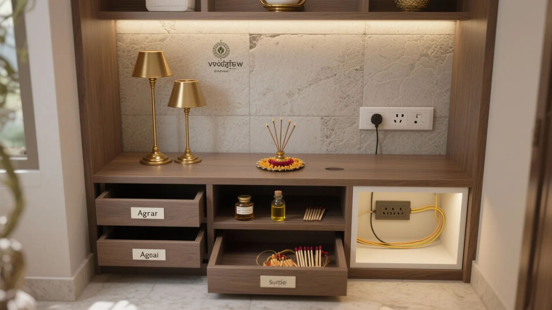 Wooden cabinet with open drawers showing storage organization for small items and integrated power outlet station