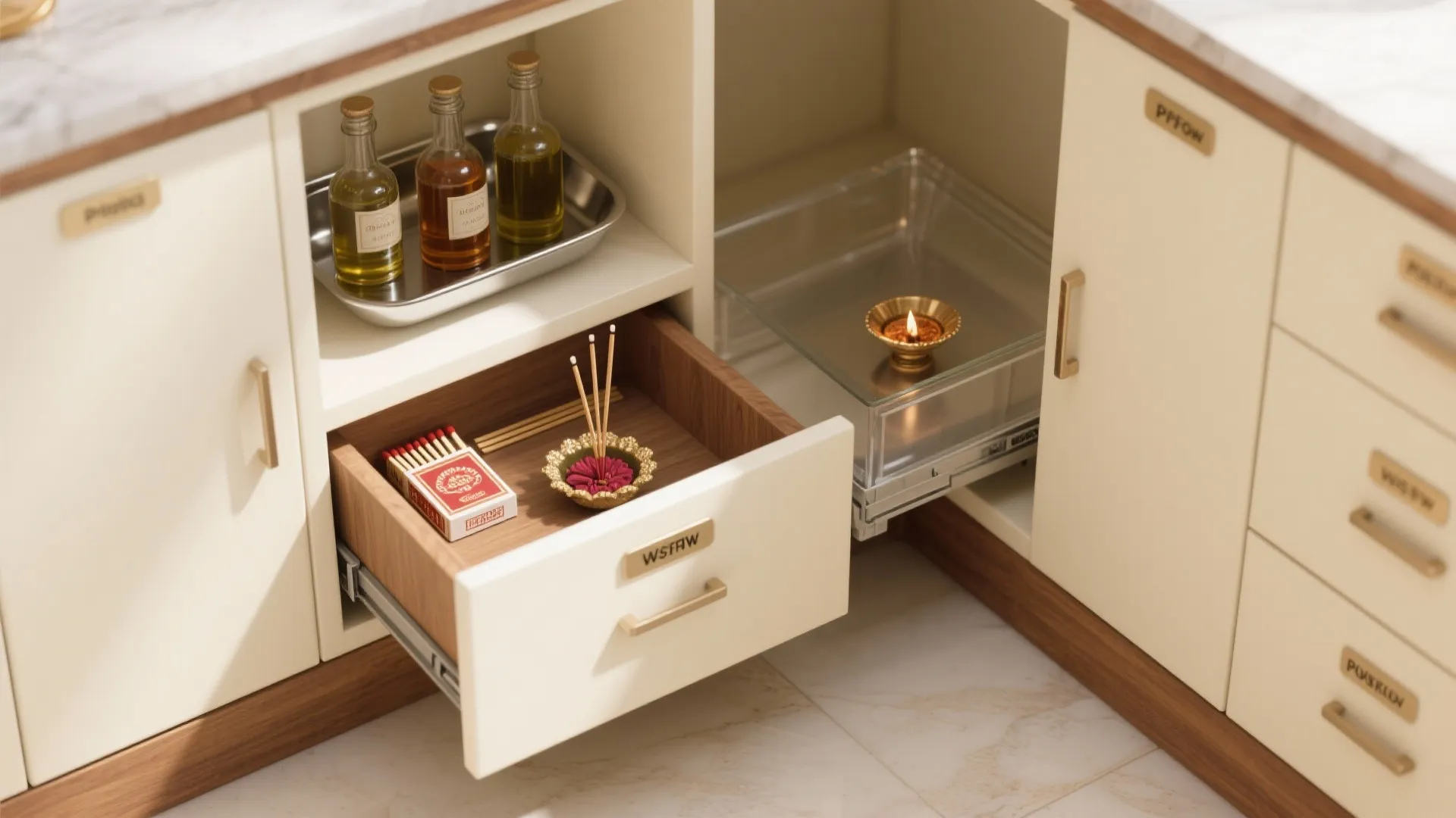 Organized cream kitchen cabinet with open drawers showing glass bottles matches and small gold bowl
