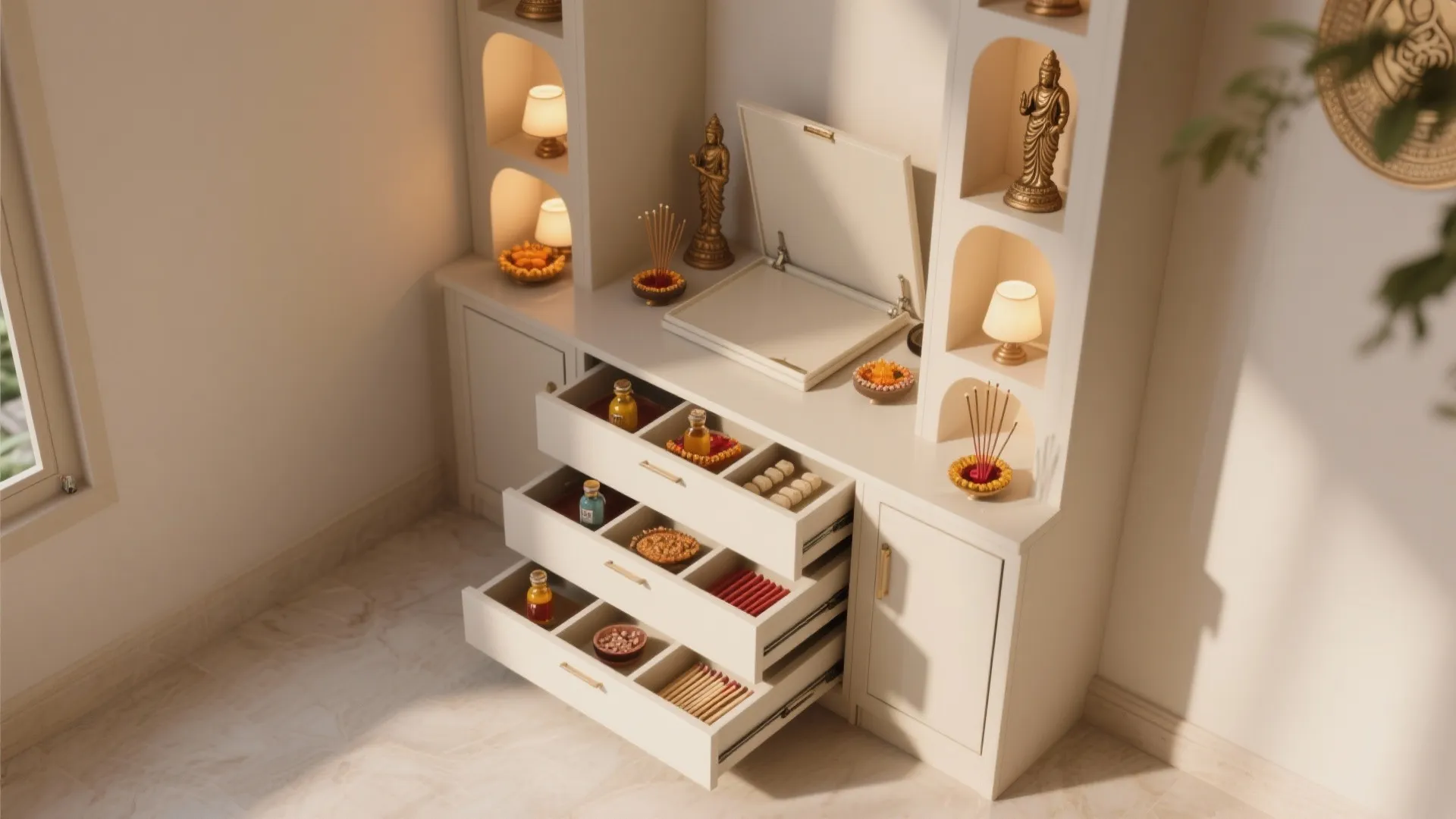 White prayer room cabinet with open drawers showing organized bottles and religious items for home storage