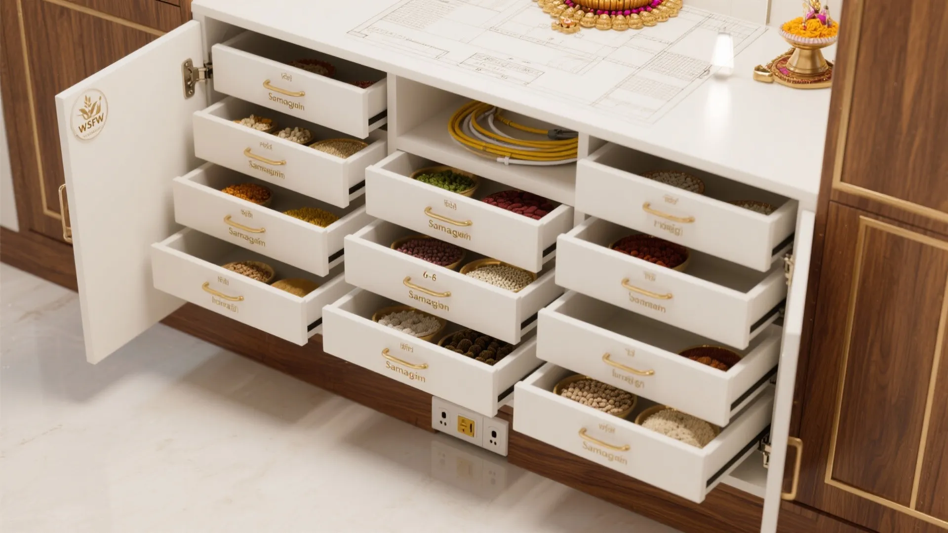 White cabinet with many open drawers holding small bowls of colorful items for home storage