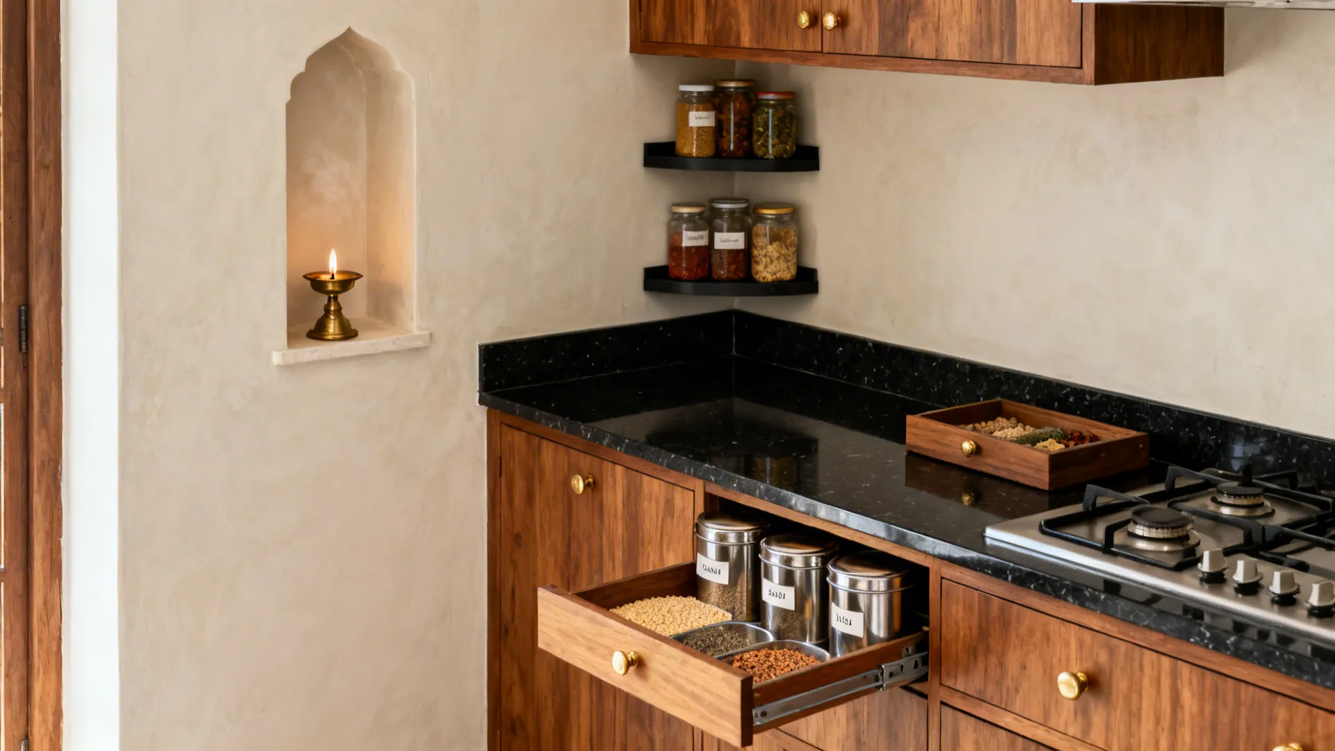 Compact kitchen with a slim pooja niche and deep pull-outs for grains and spices.