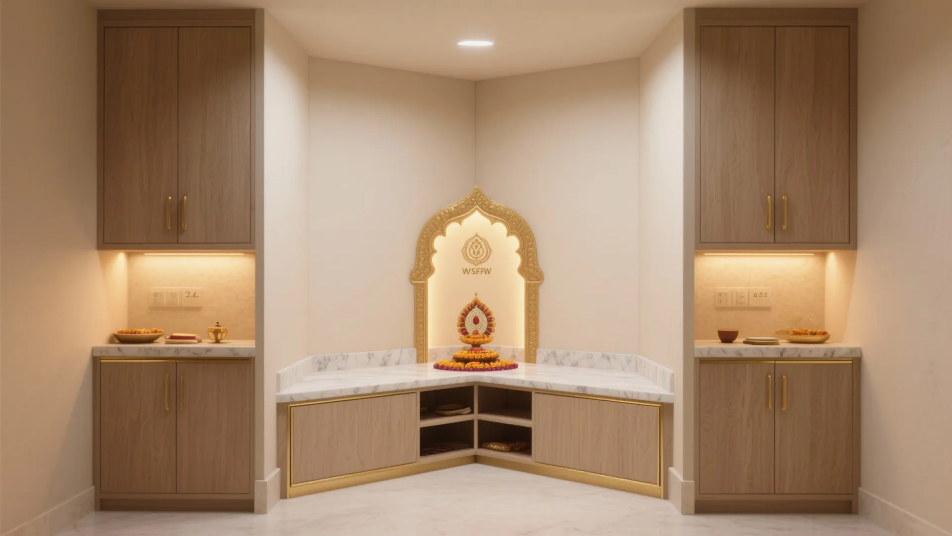 Corner prayer space with wooden cabinets, marble countertops, golden wall arch, and warm light fixtures