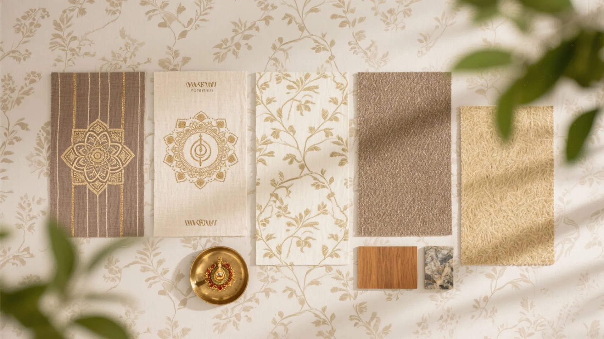 Material board flat lay with fabric swatches, wood samples, and gold bowl on floral wallpaper