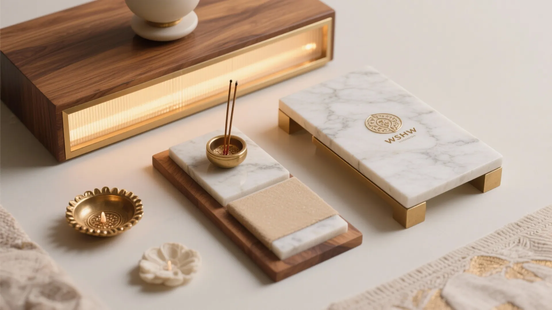 Marble and wood trays with incense sticks and small brass bowls on a white surface