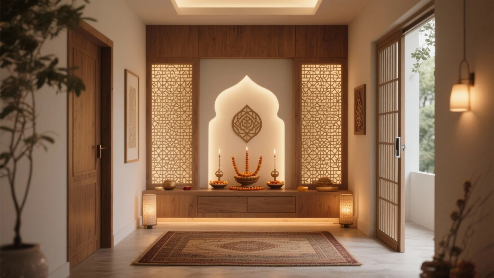Modern prayer room with wooden wall panels and warm light fixtures and a patterned floor rug