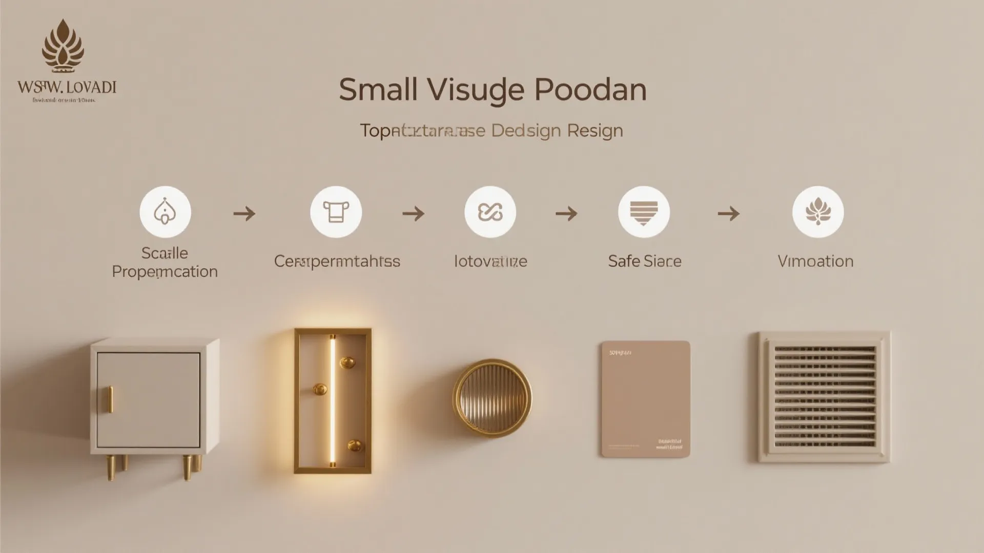 Infographic showing five steps of home design process with cabinet, light, mirror, and wall paint