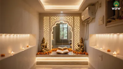 Serene Indian Prayer Room with Golden Statues & Warm Lighting