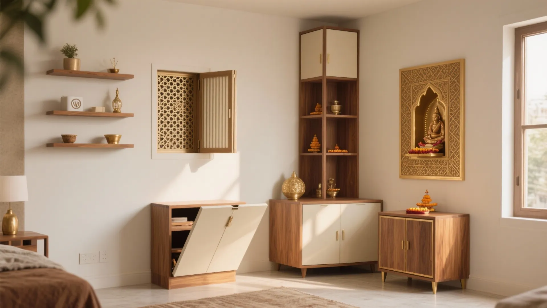 Modern prayer room design with wooden cabinets gold wall art white walls and natural window light
