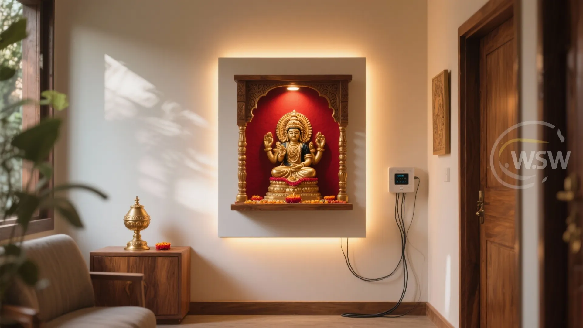 Modern home prayer room with golden statue in wooden wall niche and warm back lighting
