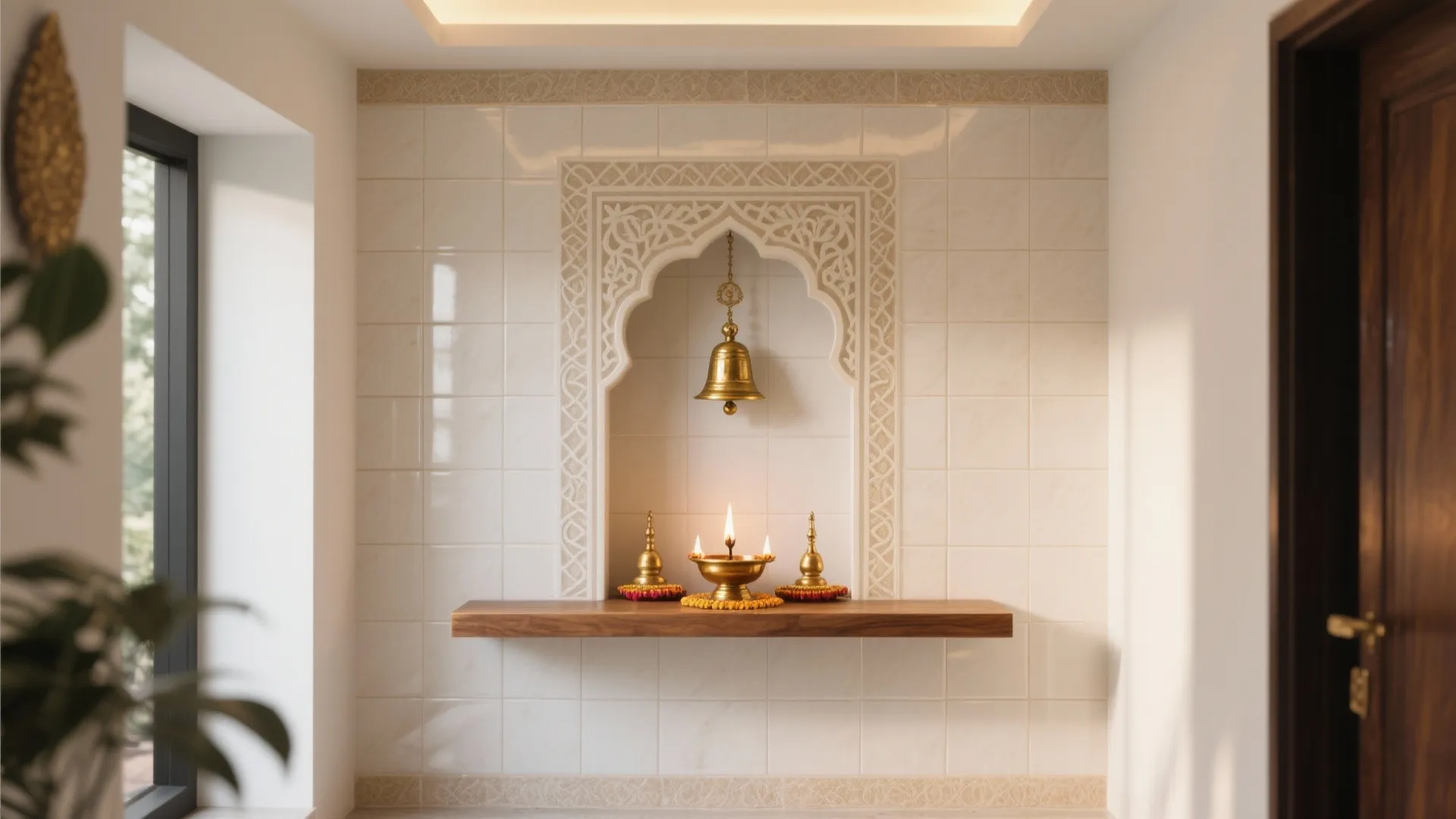 Pooja Room Wall Tiles Design Images: 5 Ideas: Five image-worthy wall tile concepts for a small mandir, drawn from my real projects and the mistakes I’ve learned from.