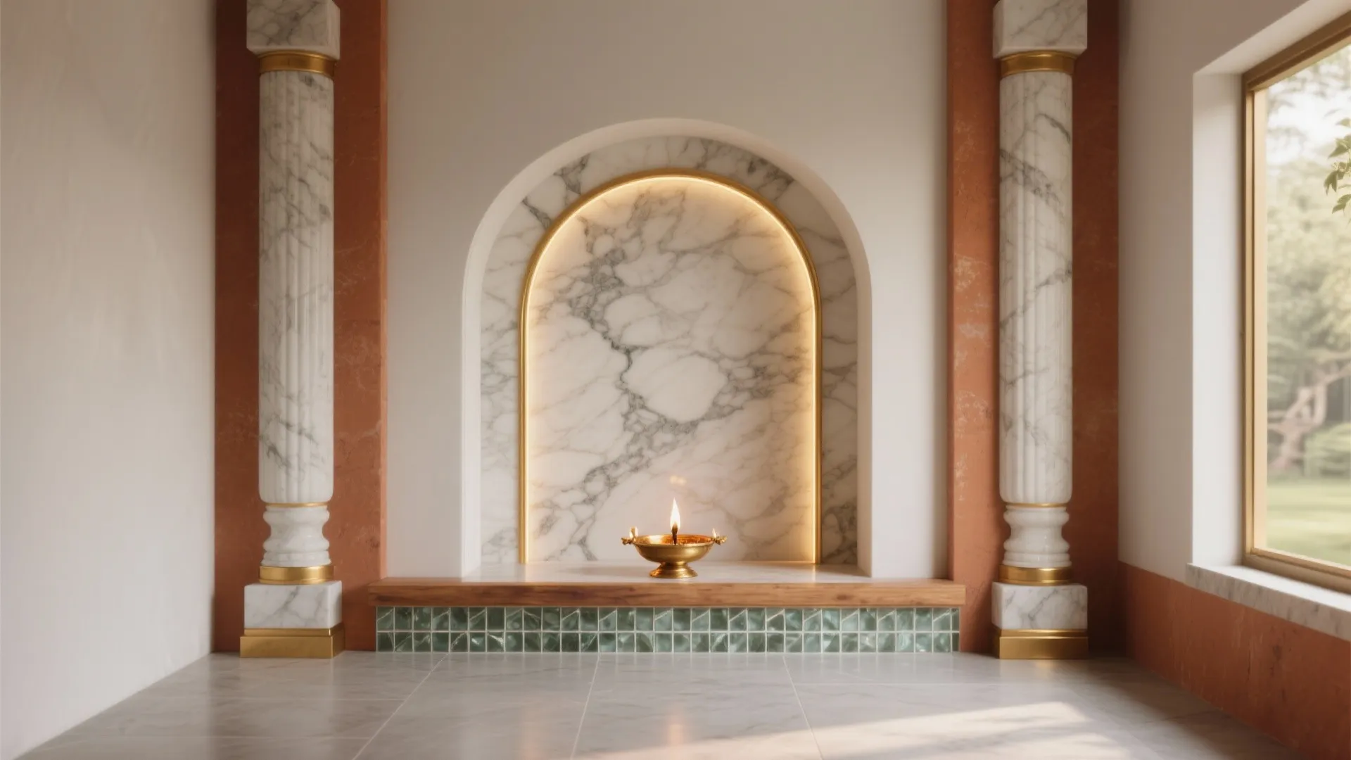 Traditional marble prayer niche with lit oil lamp between white marble and gold columns in room
