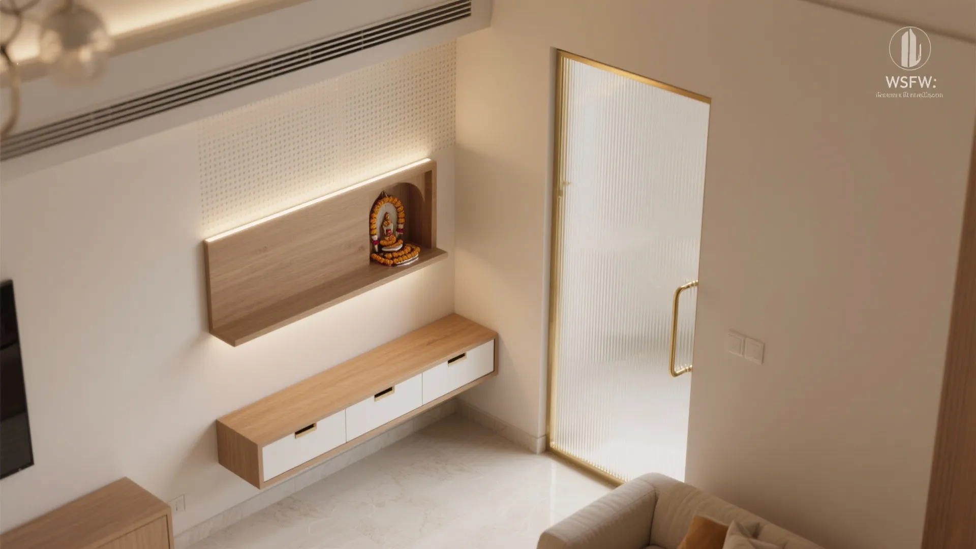 High angle view of a wooden cabinet and small wall shrine next to glass door