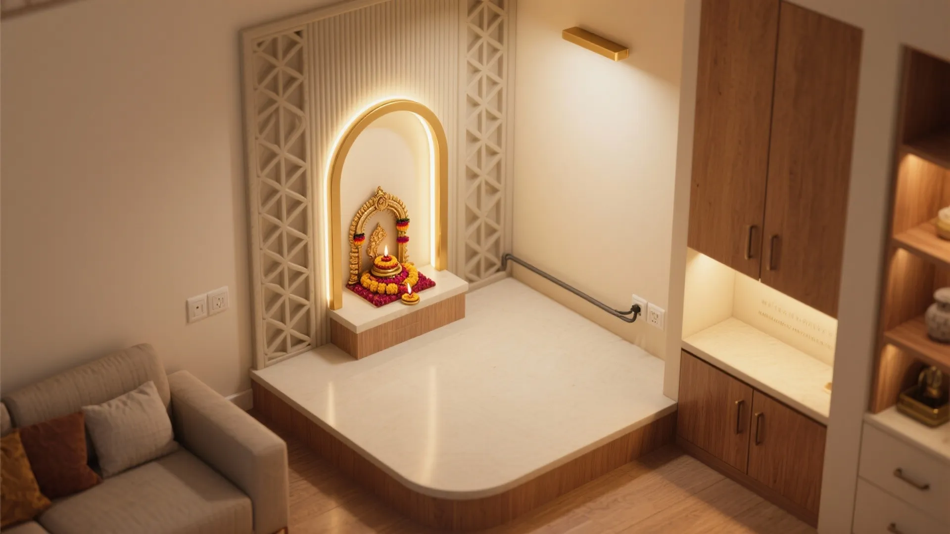 Interior design drawing of a prayer corner with a small altar next to a sofa