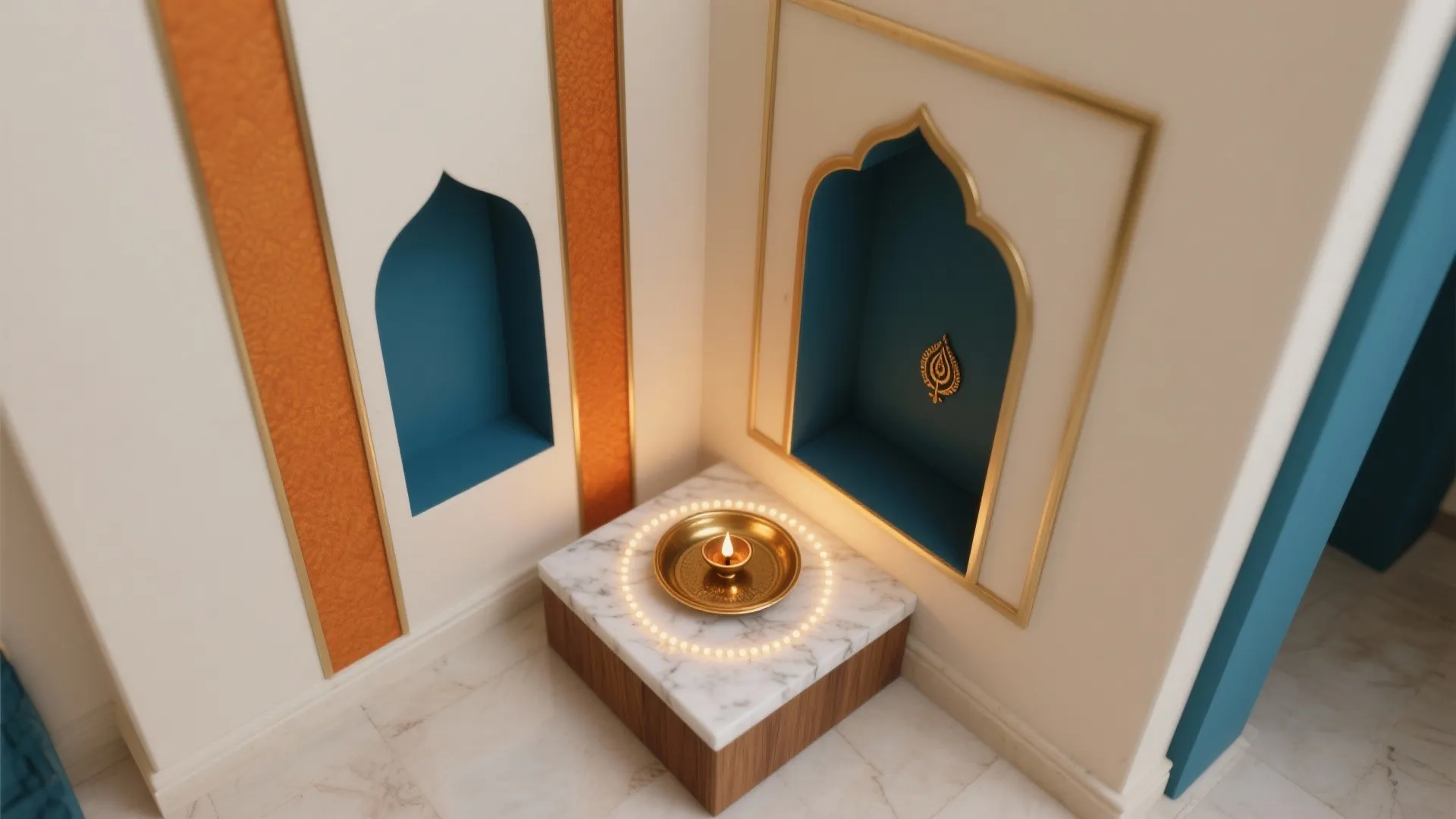 Modern prayer room design with marble platform bowl light and blue wall panel with lighting