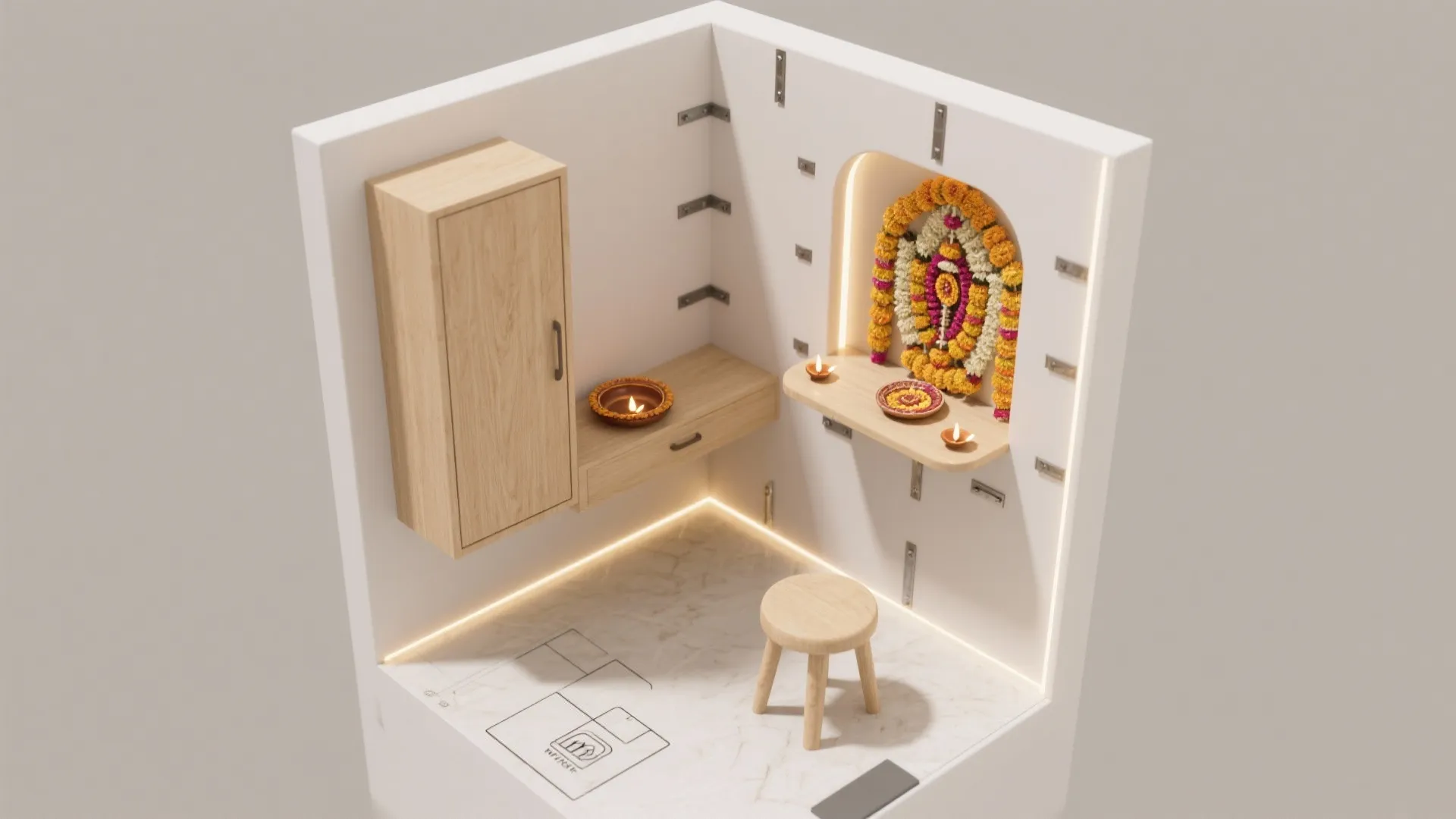Interior design drawing of a small prayer room with wooden stool and wall mounted cabinet