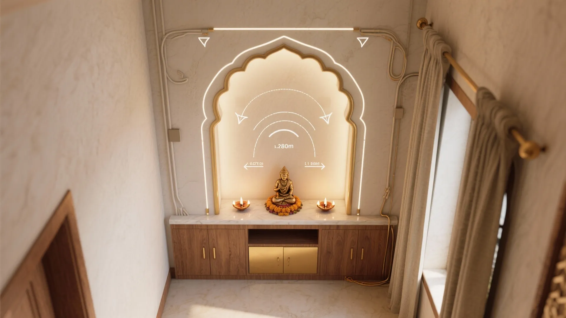 Interior design drawing of small prayer area with gold statue on marble cabinet and lights