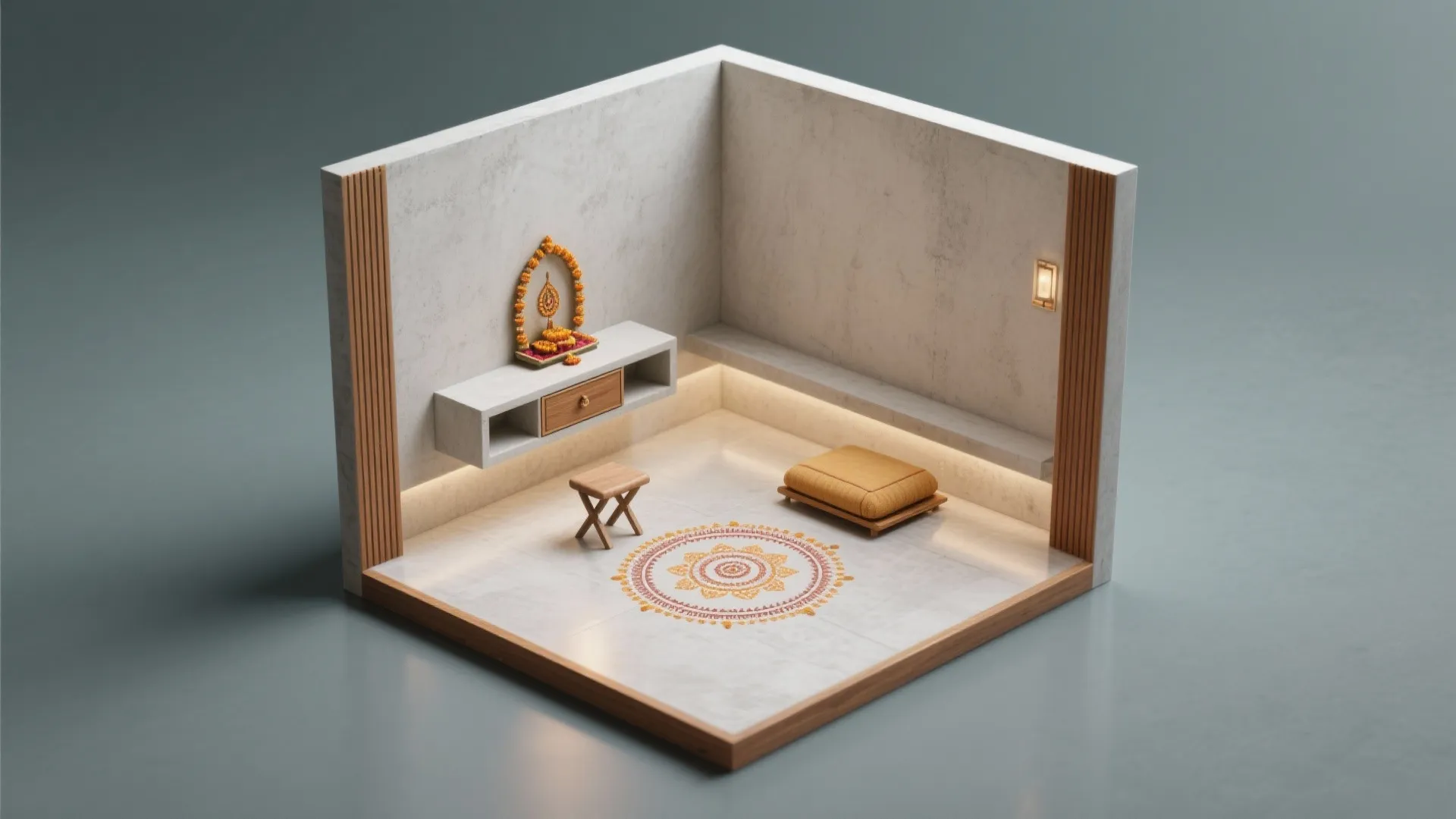 Interior design drawing of prayer room with floating cabinet stool floor pattern and grey walls