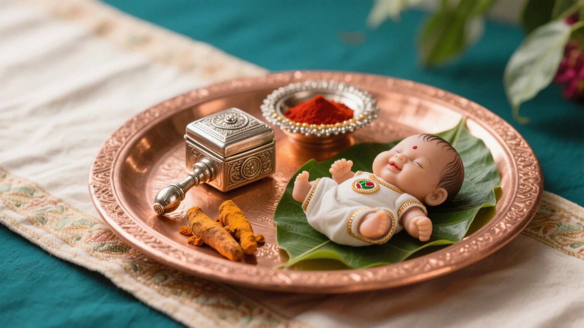 Baby-Themed Pooja Tray with Copperware
