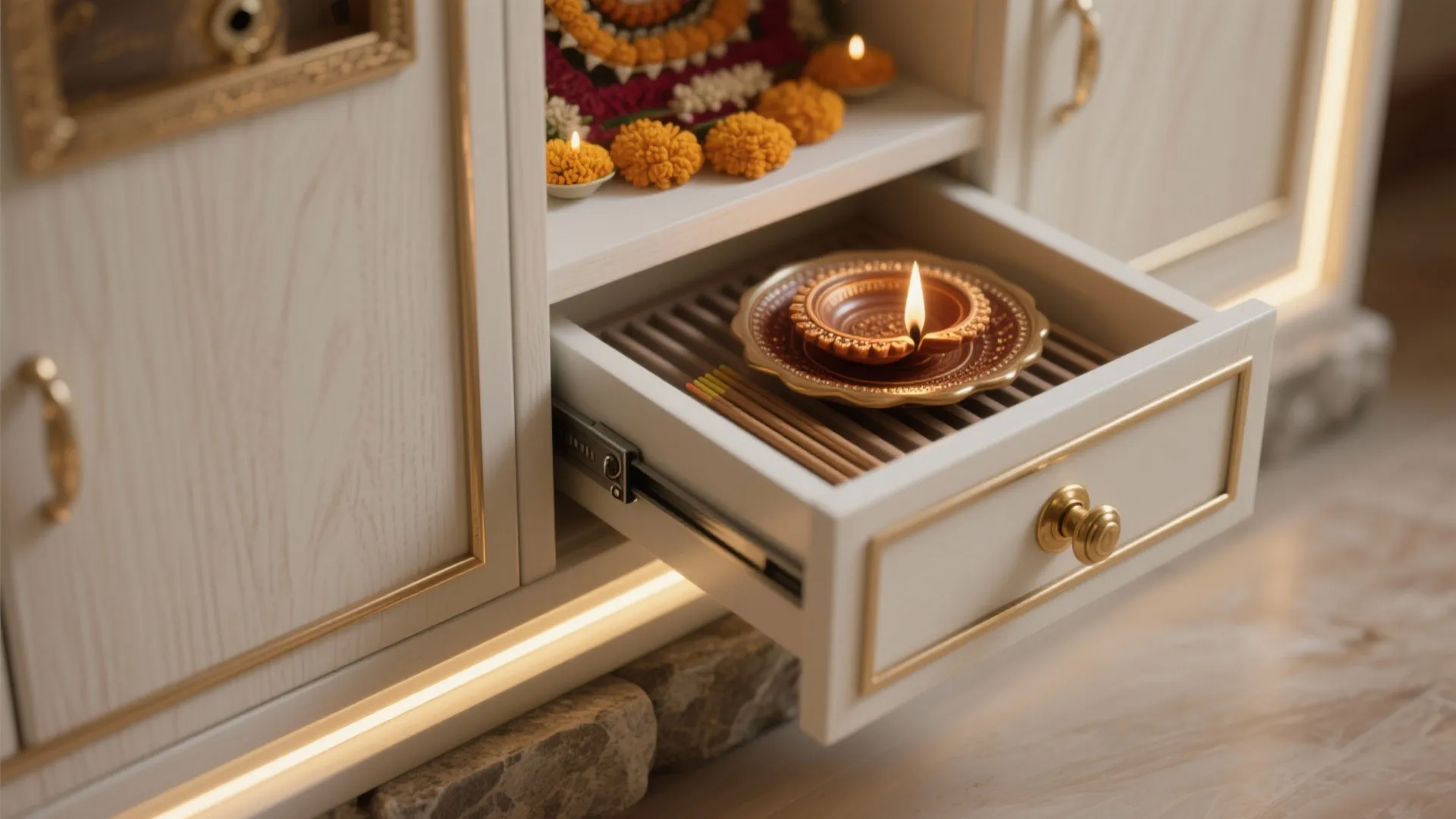 Open white cabinet drawer holding a small lit clay lamp and a few incense sticks