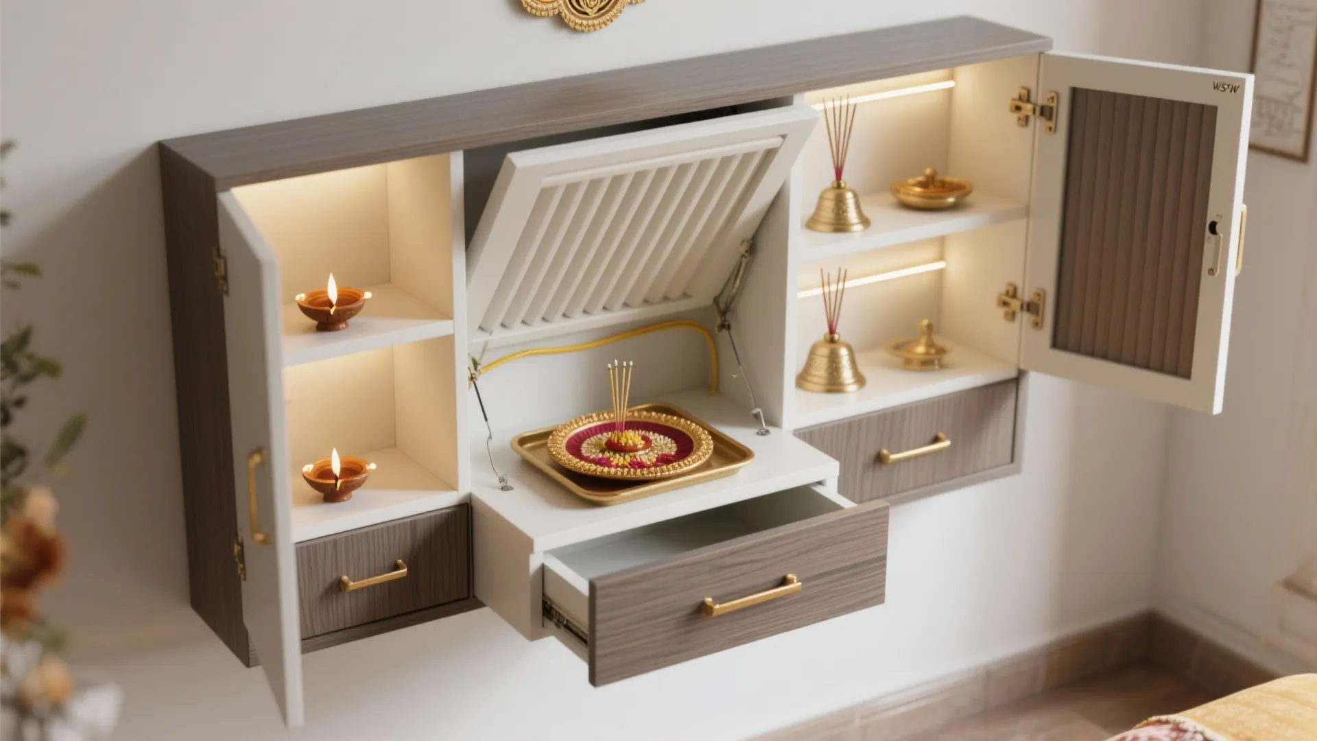 Wall-mounted pooja unit with concealed storage