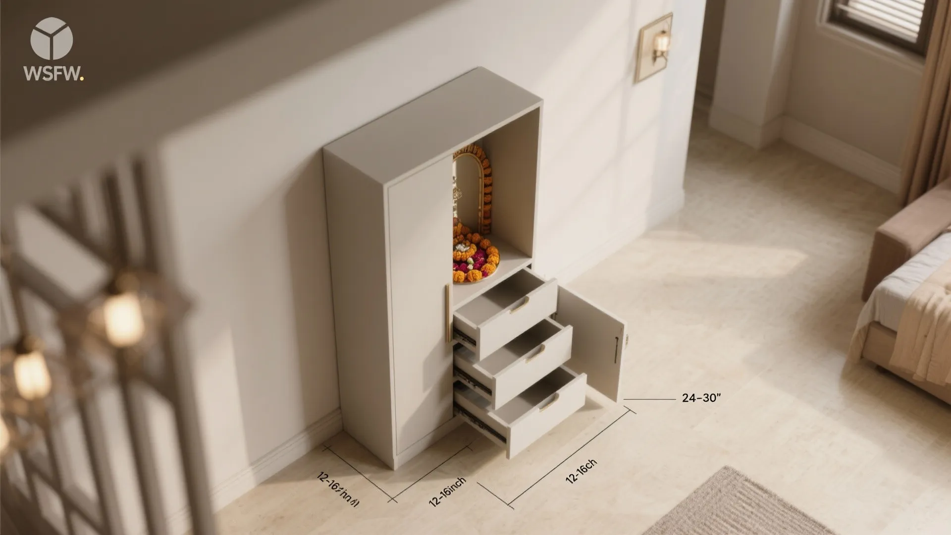 Compact floor-standing pooja unit with hidden storage