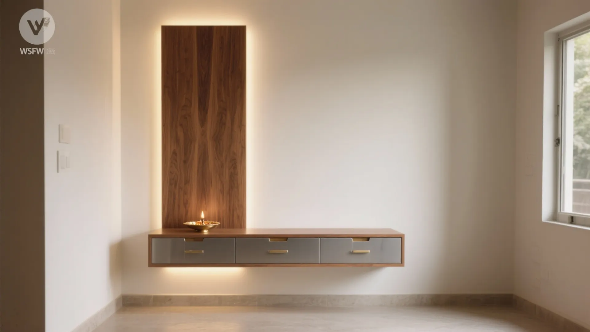 Minimalist wall mounted wooden panel and grey storage cabinet with integrated warm yellow light fixture glow