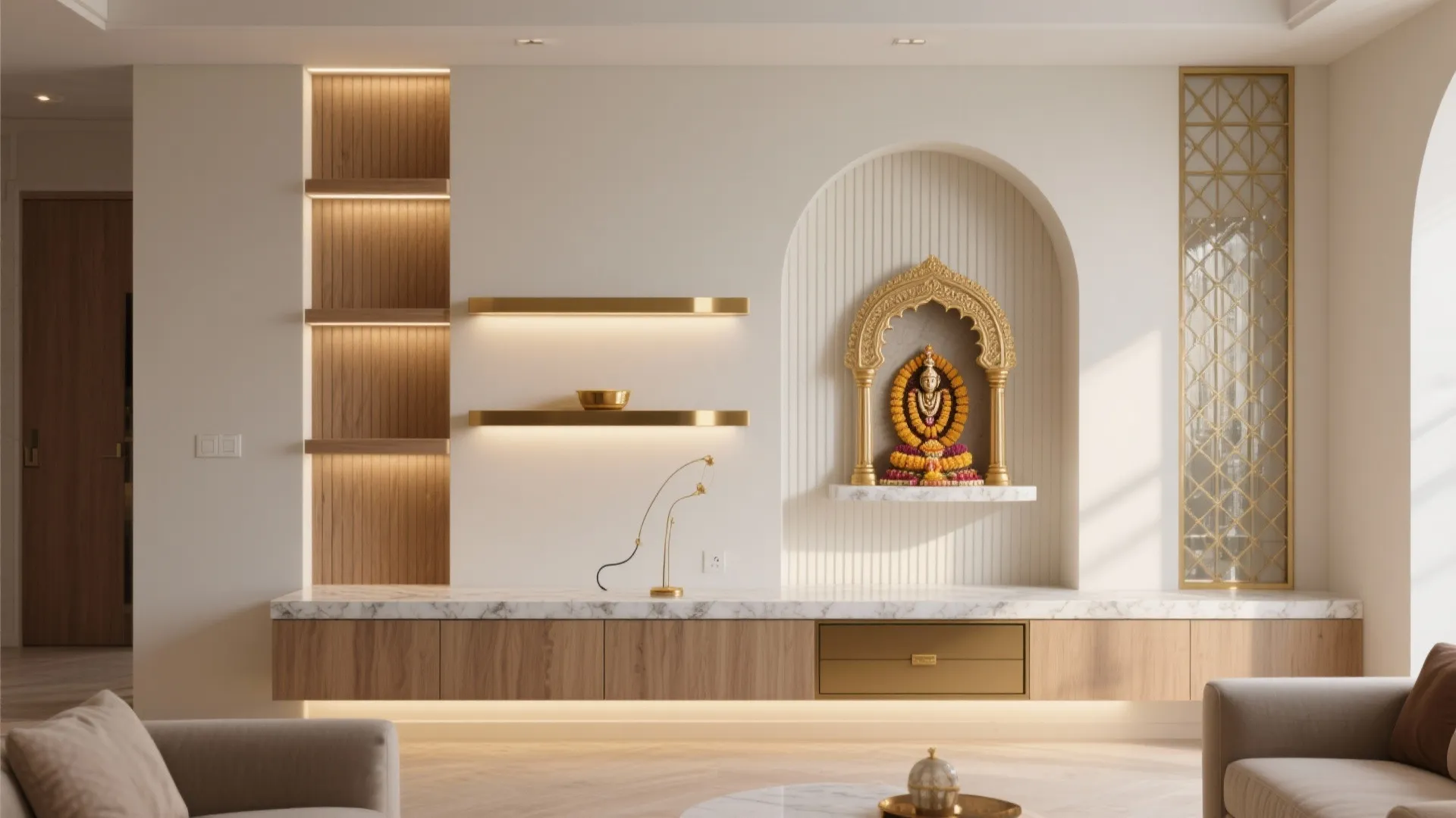 Modern white wall with wooden shelves marble cabinet and a small gold statue in arched