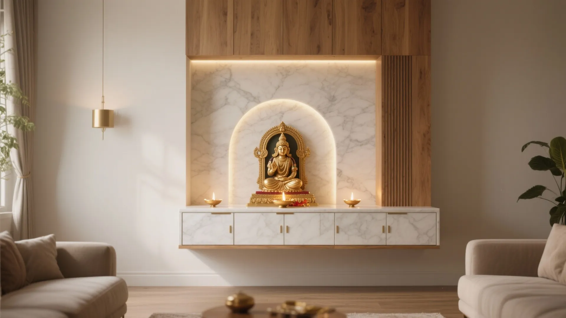 Modern living room featuring a golden statue inside a marble wall niche with light fixtures