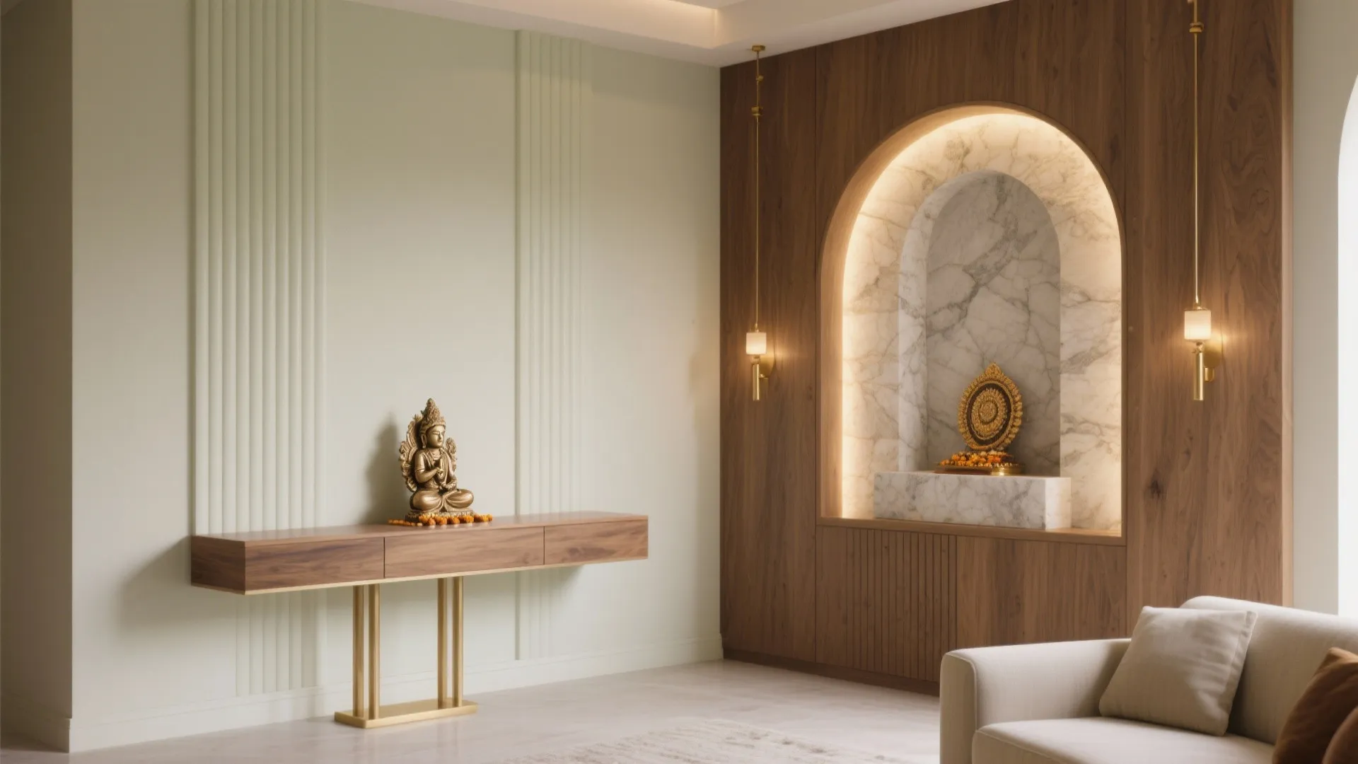 Modern prayer room with marble arch wall light wooden cabinet gold statue and cream colored sofa