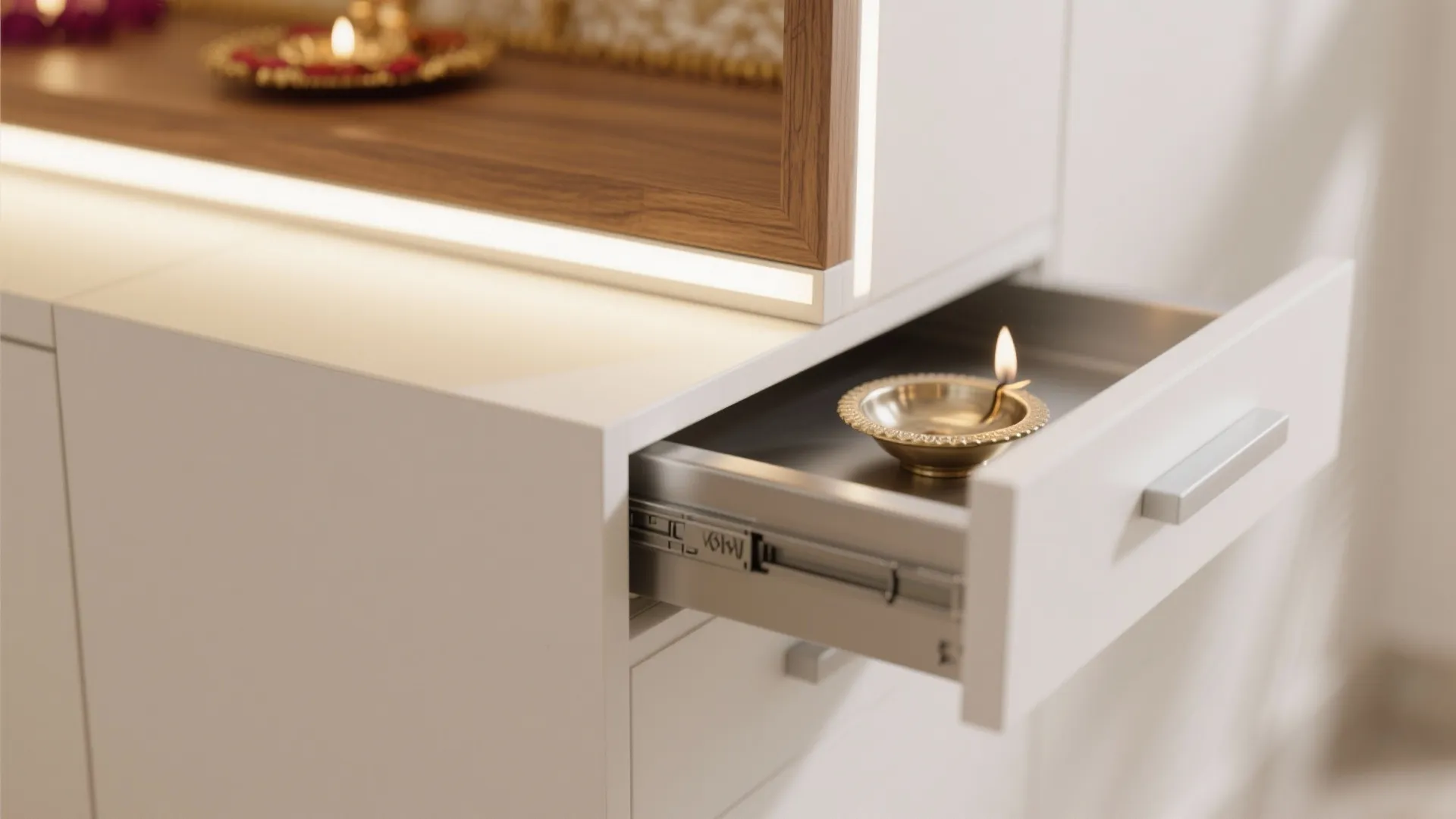 Close up of open white cabinet drawer with lit oil lamp inside and wood top surface