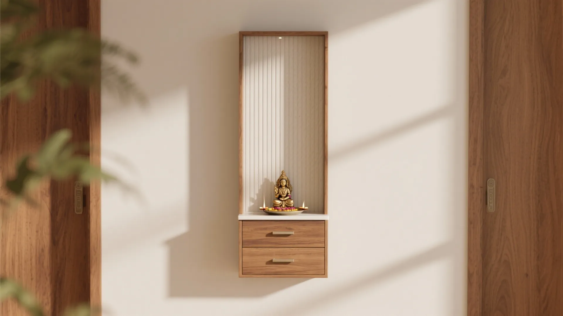 Minimal pooja wall with hidden storage