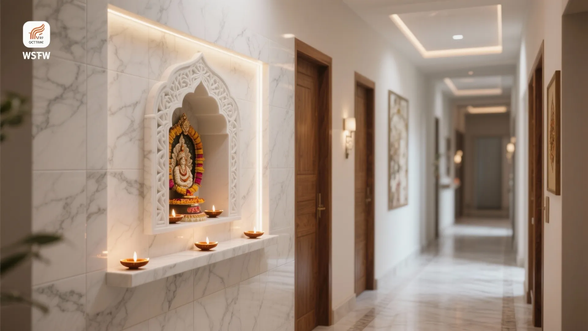 White marble wall with carved niche and lighting along a hallway with many wood doors