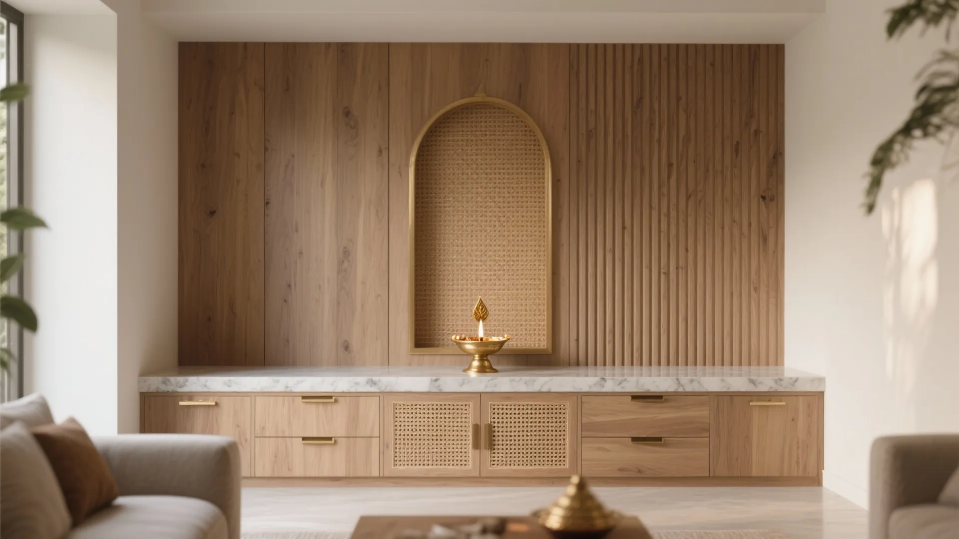 Minimalist Pooja Wall With Hidden Storage