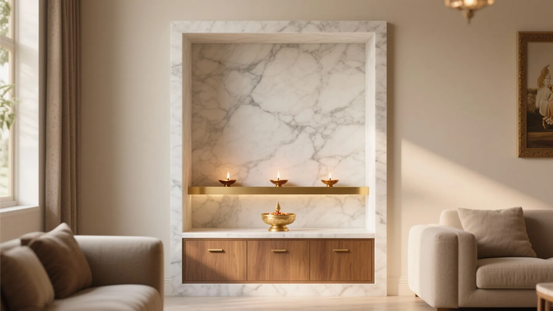Modern marble wall niche with wooden bottom cabinet gold shelf oil lamps and beige sofa