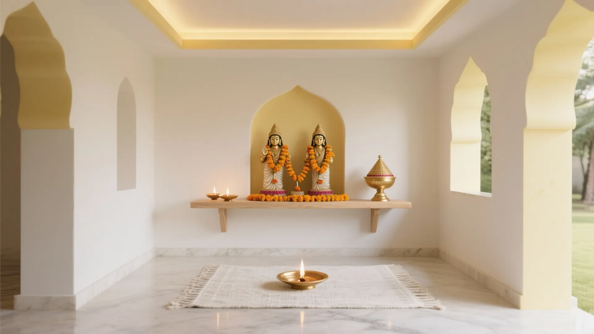 White prayer room with gold statues on wooden shelf orange flowers white rug and oil lamp