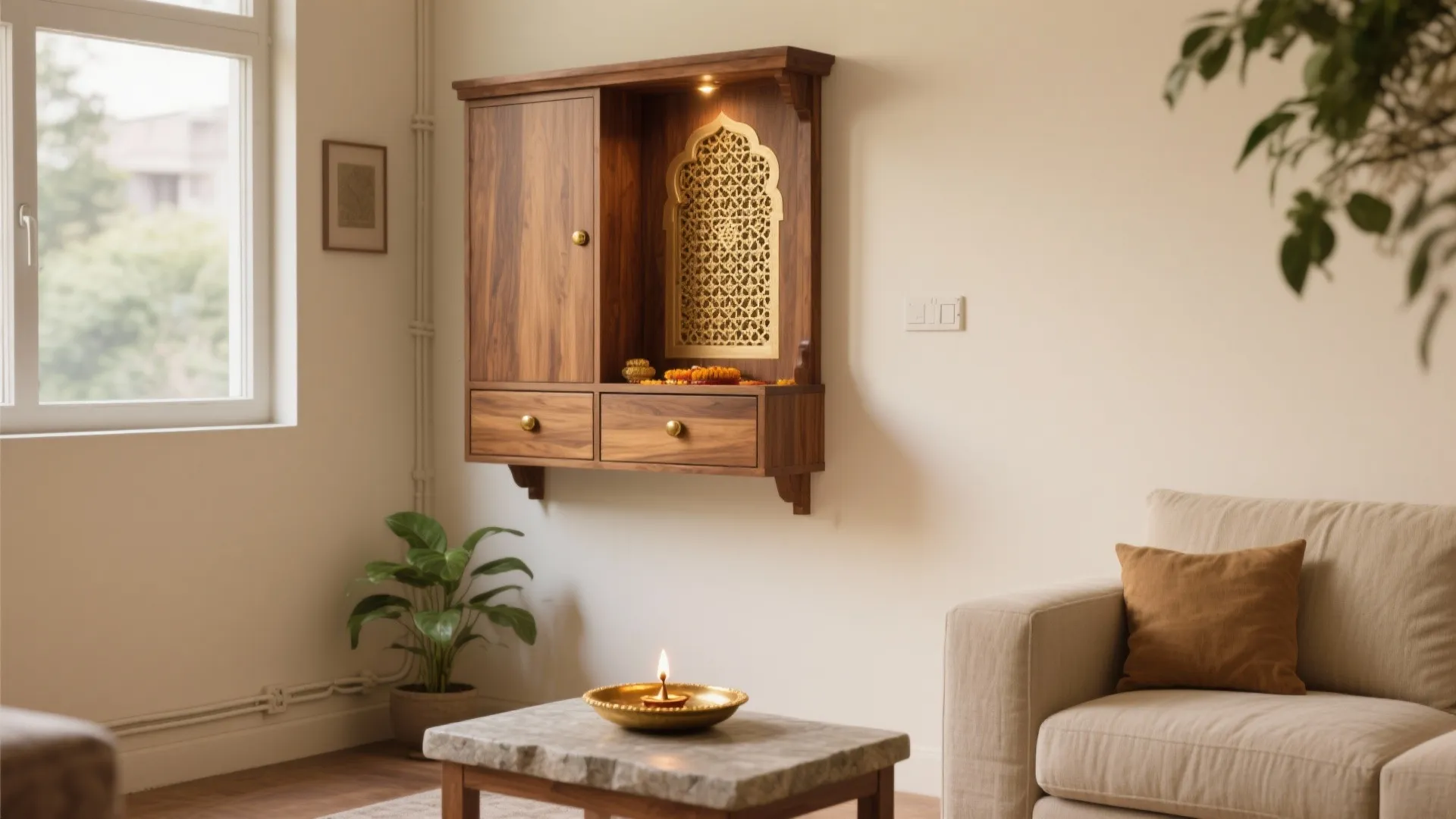 Wooden wall cabinet mounted in a living room with a beige sofa and coffee table