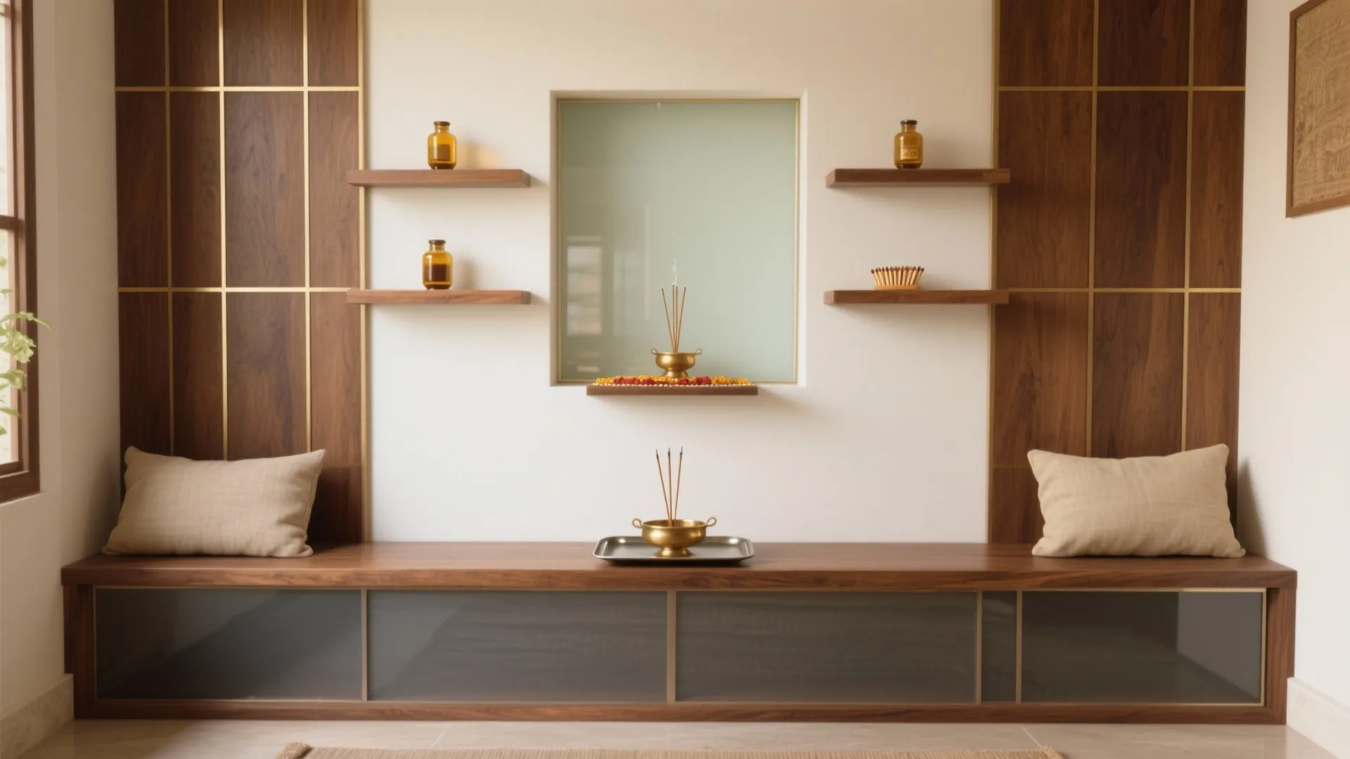 Modern wooden prayer room with wall shelves holding bottles and incense burners on a long bench