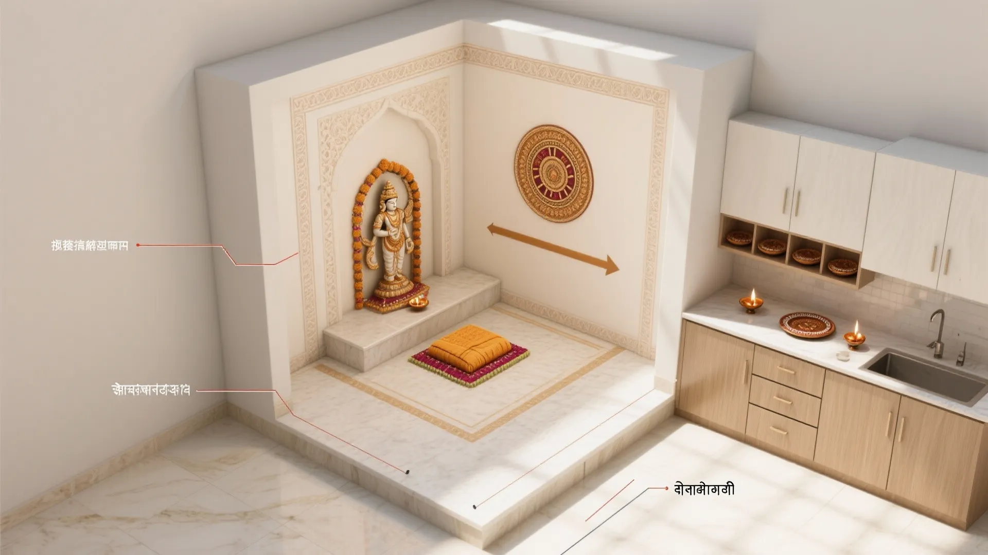 Interior design drawing showing a prayer corner layout next to a kitchen with labeled room zones