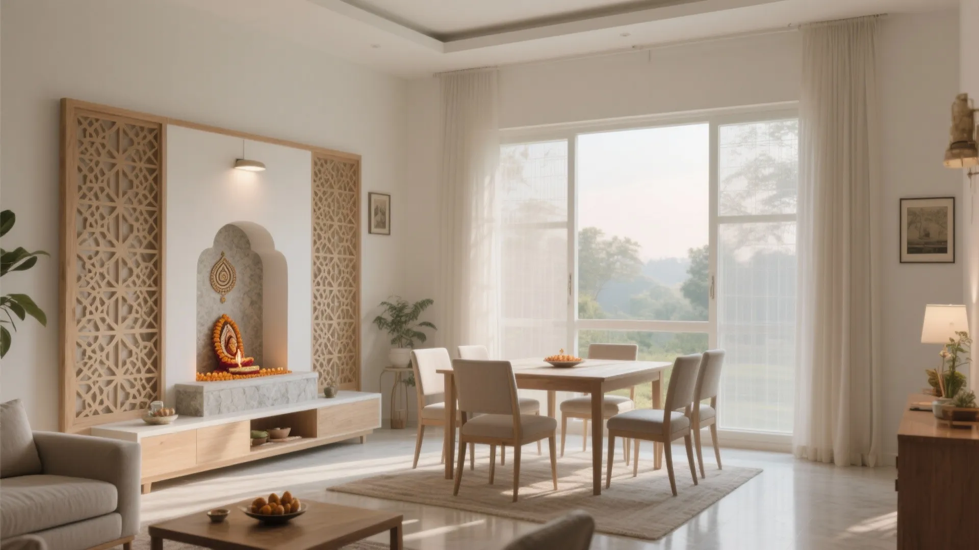 Wide view of a Vastu-friendly pooja corner with half wall and screen, balanced daylight and clear circulation.